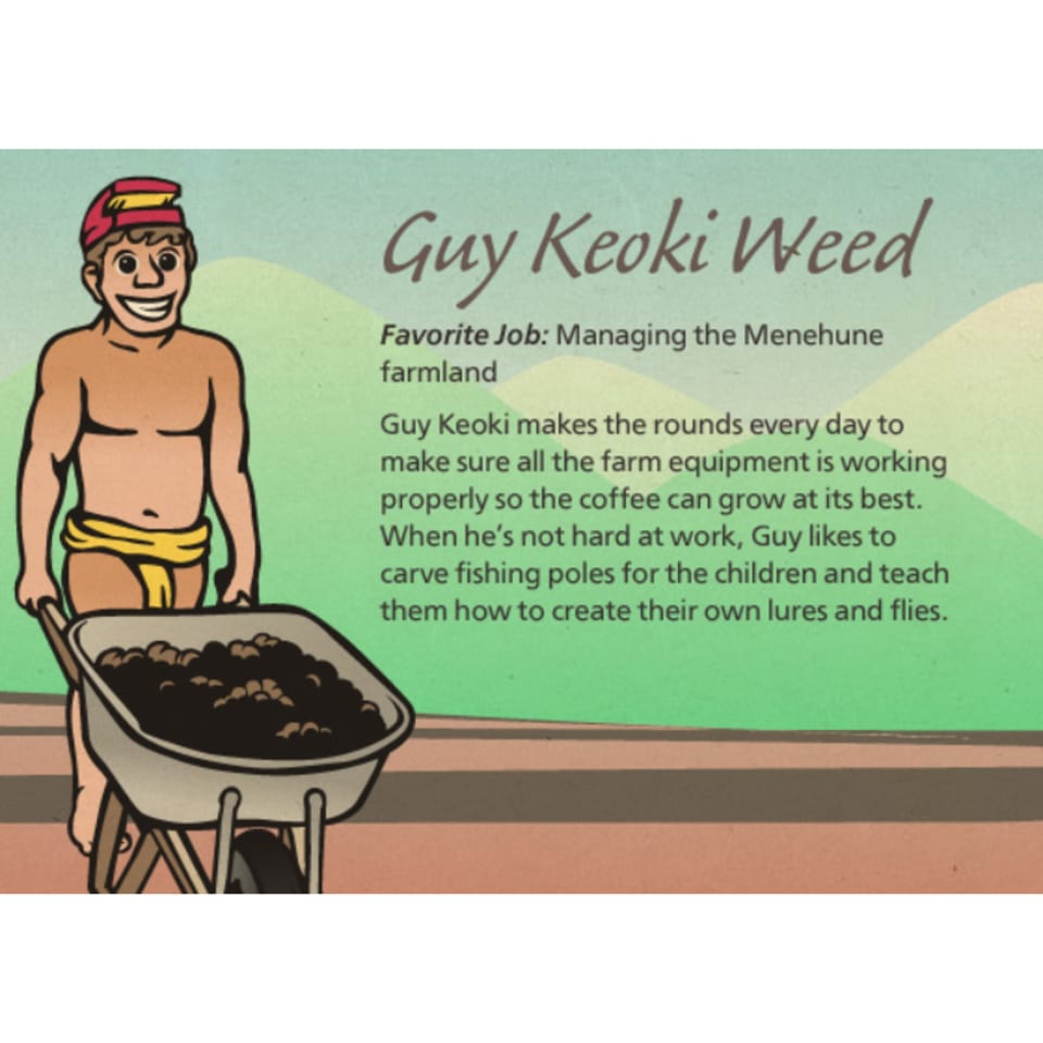 Cartoon of Guy Keoki Weed, a smiling man in a red hat pushing a wheelbarrow of soil.
