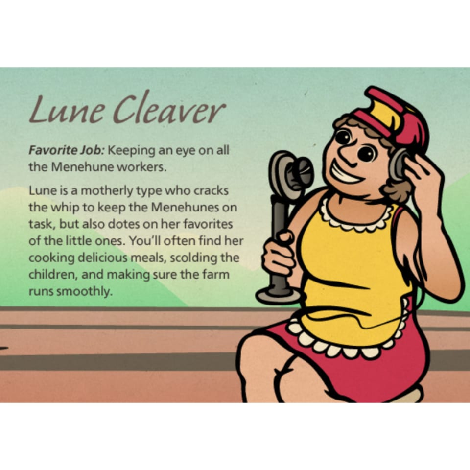 Cartoon character Lune Cleaver, a woman in a red hat and yellow apron, holding a vintage telephone.