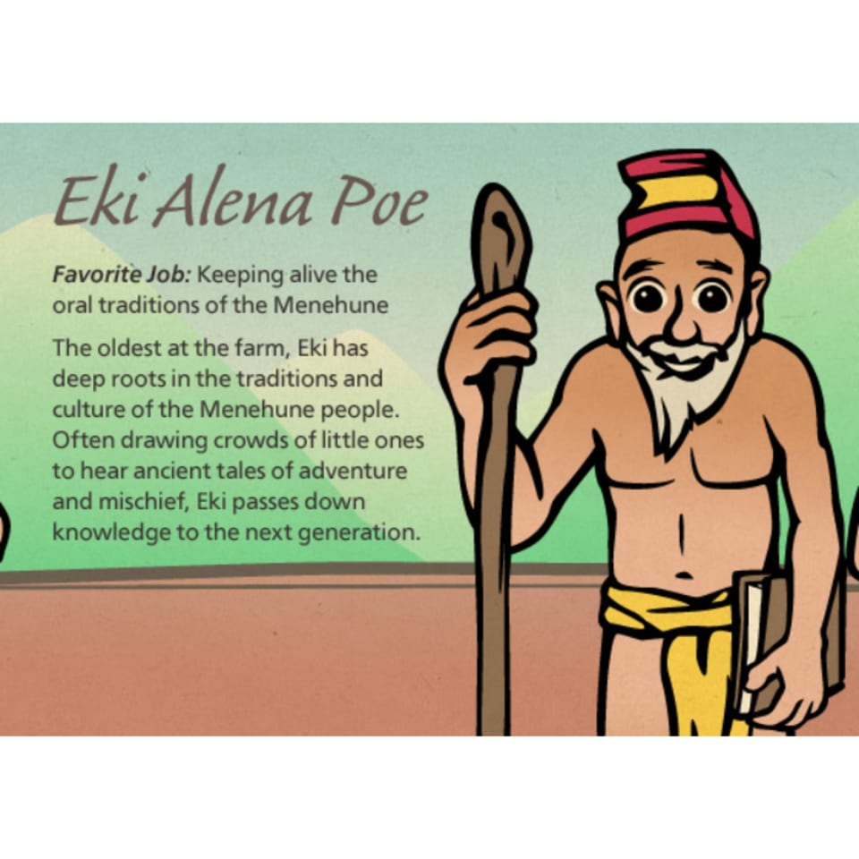 Cartoon of an old man with a white beard, red hat, holding a staff and a book.