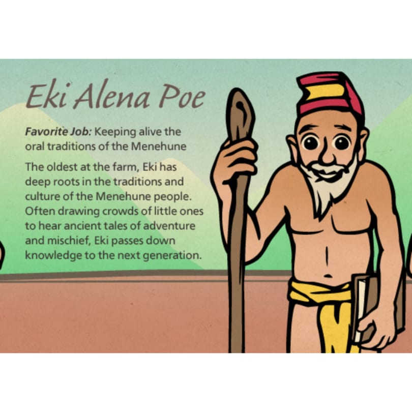 Cartoon of an old man with a white beard, red hat, holding a staff and a book.