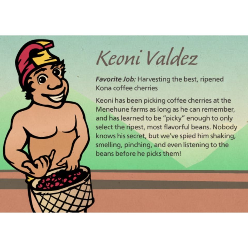 Cartoon Keoni Valdez, a coffee picker, smiling and holding a basket of red coffee cherries.
