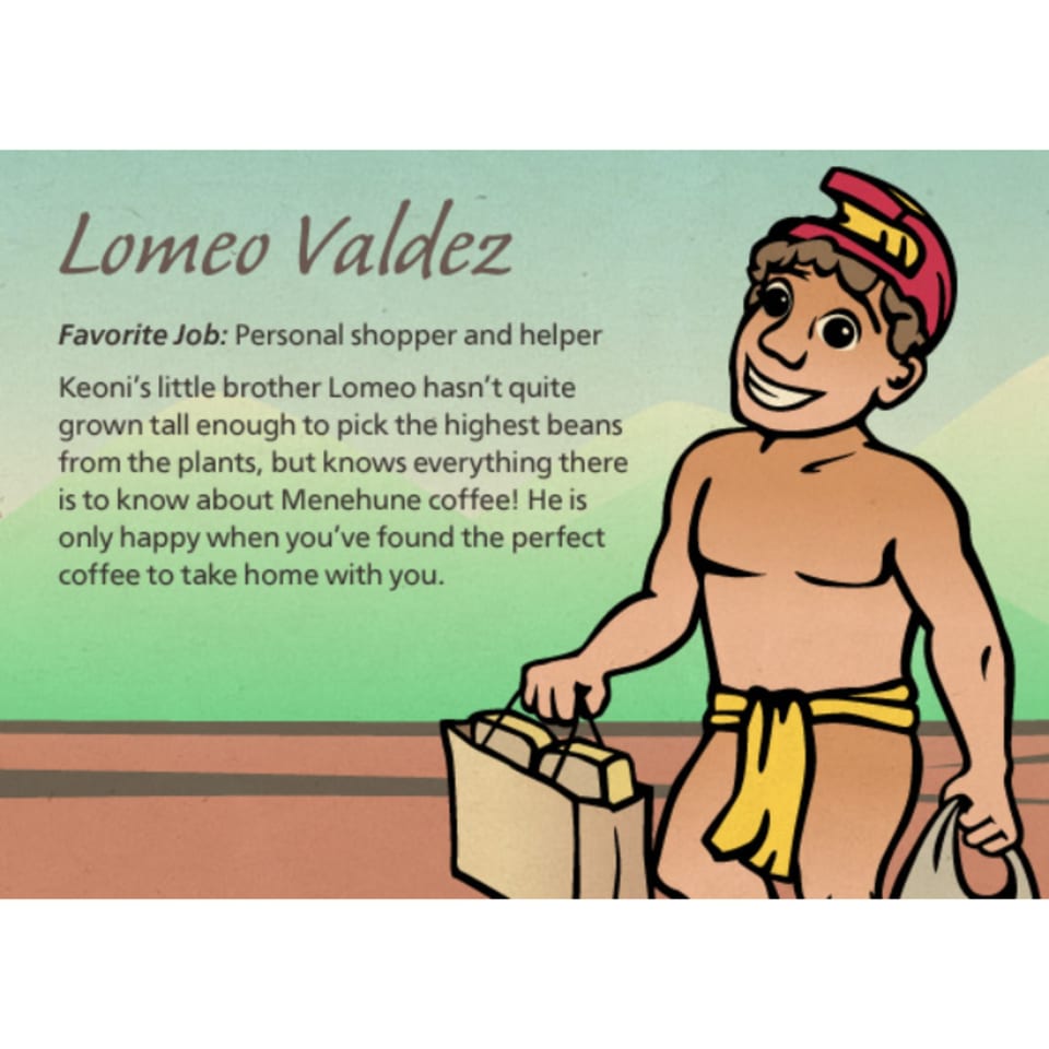 Cartoon character Lomeo Valdez, a smiling boy in a red helmet and yellow loincloth, holding shopping bags.
