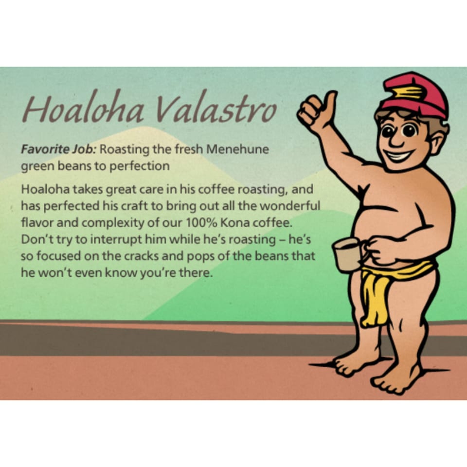 Cartoon character Hoaloha Valastro, a man in a red hat and yellow loincloth, holding a coffee cup.