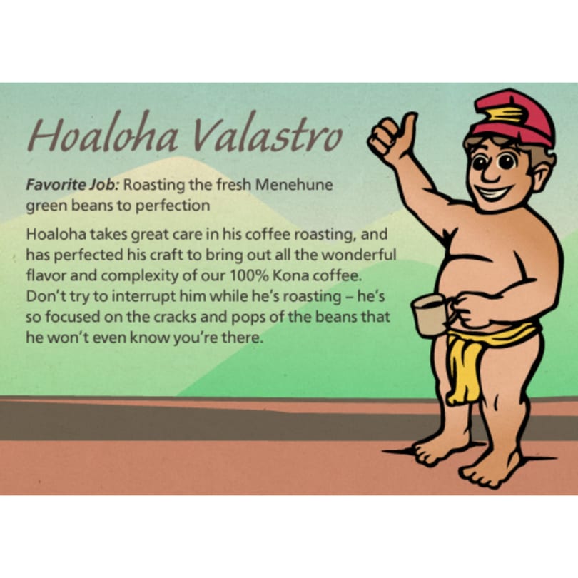 Cartoon character Hoaloha Valastro, a man in a red hat and yellow loincloth, holding a coffee cup.